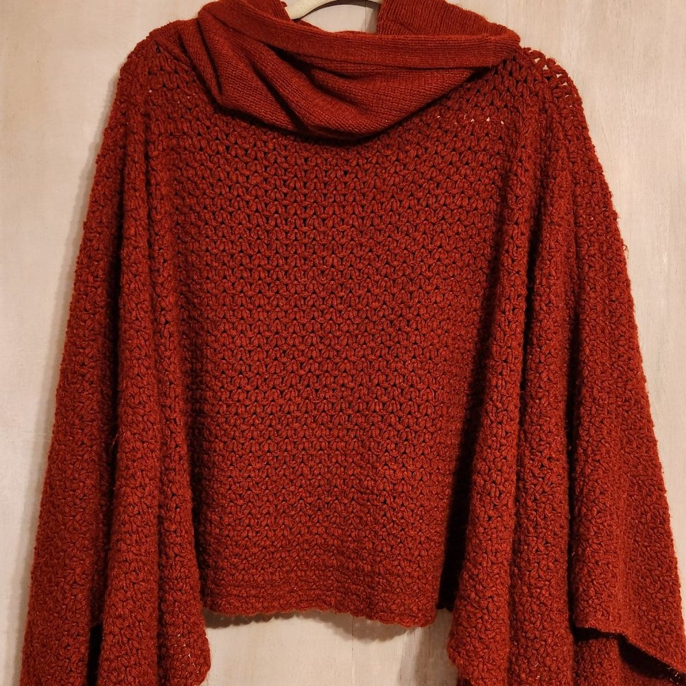Brick Red Cowl Neck Chunky Knit Shawl by Tickled Pink